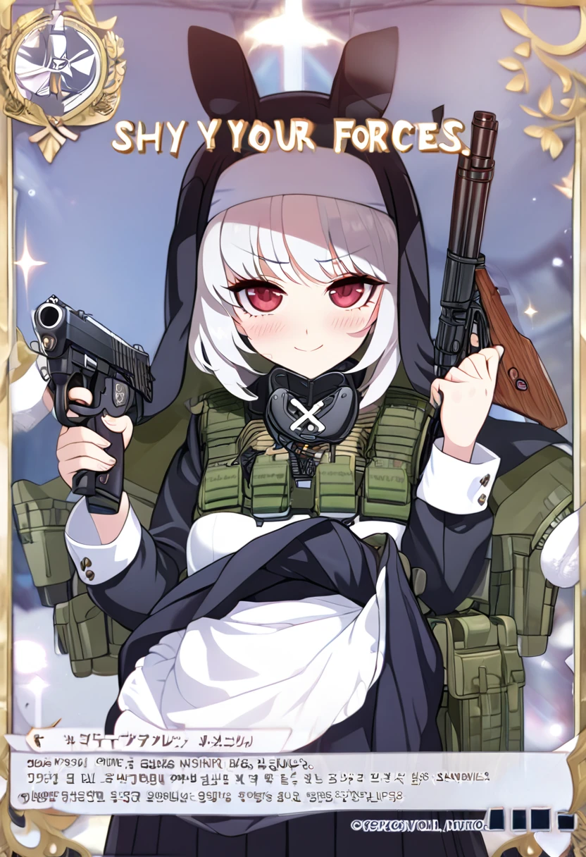 NSFW,1girl,Anime girl with white hair and bunny ears, Red eyes, Shy blush,smile,,Nuns,skirt lift,Special forces equipment,army vest,Modest chest,full Art,Character portrait,Possession of a gun,Ready your gun?