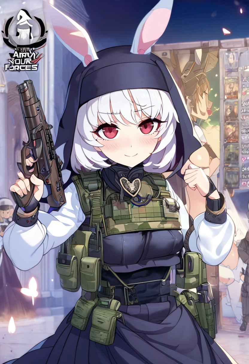 NSFW,1girl,Anime girl with white hair and bunny ears, Red eyes, Shy blush,smile,,Nuns,skirt lift,Special forces equipment,army vest,Modest chest,full Art,Character portrait,Possession of a gun,Ready your gun?