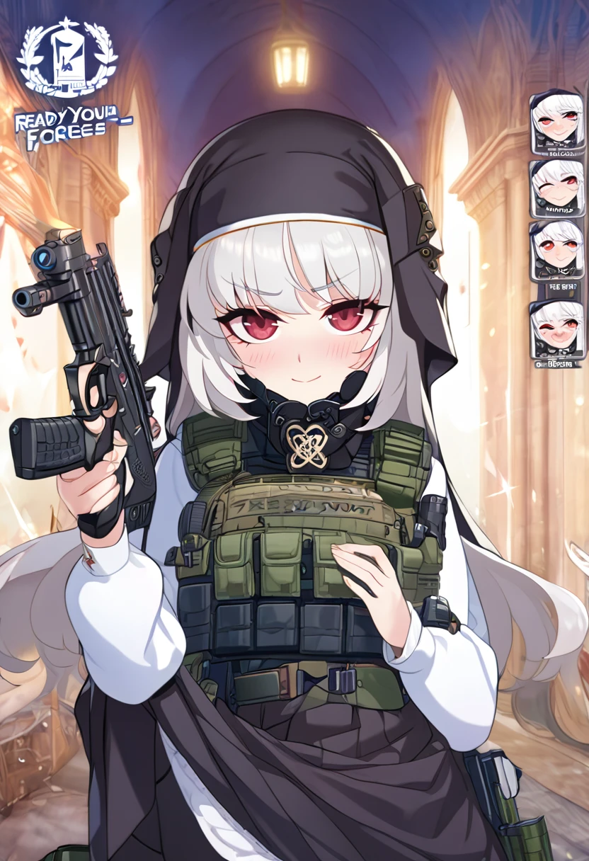 NSFW,1girl,Anime girl with white hair and bunny ears, Red eyes, Shy blush,smile,,Nuns,skirt lift,Special forces equipment,army vest,Modest chest,full Art,Character portrait,Possession of a gun,Ready your gun?