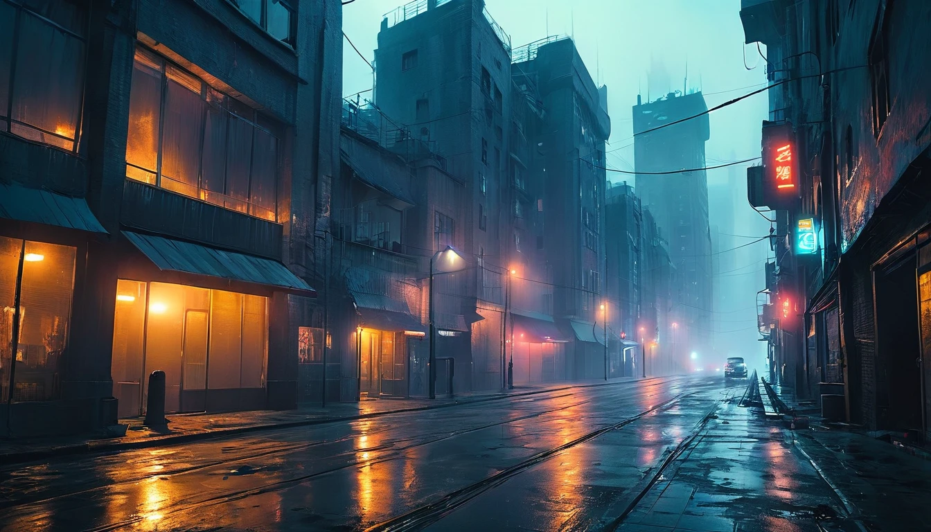 Futuristic night scene of a city with dim lighting and bluish tones. A character is walking backwards on a deserted and foggy street. on the right, there are several vehicles with headlights on, emitting light through the fog. Tall, dark buildings with bright windows line the street, giving a sense of depth and mystery. The atmosphere is thick, with a combination of neon lights and shadows, creating a dark and dystopian environment.