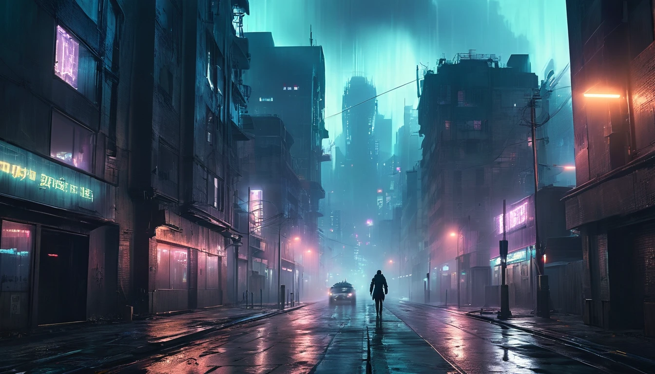 Futuristic night scene of a city with dim lighting and bluish tones. A character is walking backwards on a deserted and foggy street. on the right, there are several vehicles with headlights on, emitting light through the fog. Tall, dark buildings with bright windows line the street, giving a sense of depth and mystery. The atmosphere is thick, with a combination of neon lights and shadows, creating a dark and dystopian environment.