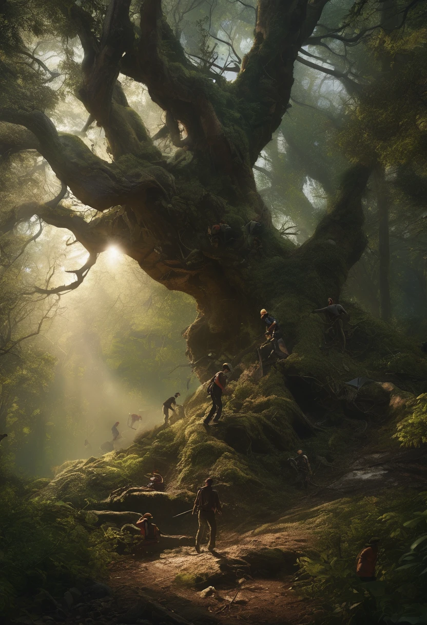 (Award-winning masterpiece:1.5), (incredible detail), (hyper realistic:1.4), (whole body:1.7), (group trying to retreat but paralyzed by panic), (man raising broken branch in defense), (creature easily knocking it away), (screams of pain echoing through forest), (dark forest), (dramatic lighting), (intricate details:1.1)