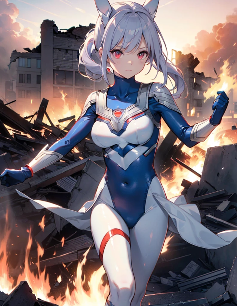 (Close-up:1.3),Realistic,Highest quality, Ultra Detail, High-quality CG rendering, The most delicate and beautiful, Floating softly, High resolution, (1 giant girl), (Highest quality,4K,8K,masterpiece:1.2) ,Light purple hair,Rabbit,Bunny ears,ponytail,Red eyes,(Ultra Girl:1.0),(All blue Ultraman bodysuit:1.4),(All blue gloves:1.3),(All blue shoes:1.3), (Fighting Pose:1.2), (Are standing:1.3),(A city engulfed in flames:1.3),(Buildings in flames:1.3),(Burning Ruins:1.3)