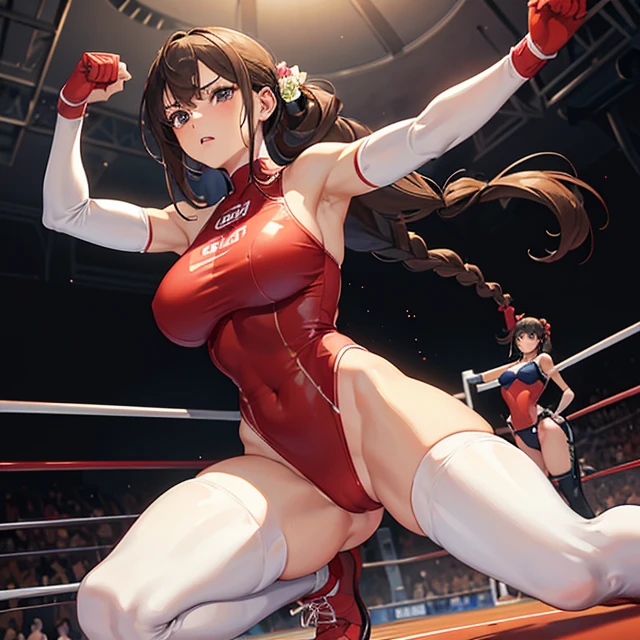 (masterpiece image, very detailed image, best high quality high definition image), solo character, female wrestling, upper cut fist
High very detailed Quality image, back view
1girl, 28 years old latina girl, dark brown tanned skin, blue grey eyes, serious focused attitude, absolute feminine beauty, long dark brown hair tied on braid, pink flower at left side of the hair, thin pale mouth lips, big breasts, beautiful arms, beautiful legs, (Red one-piece Leotard with a white stripe on the hips, red wrestling boots, white knee pads, white elbows pads and red sleeves with red gloves)
Dirty gym and wrestling gym