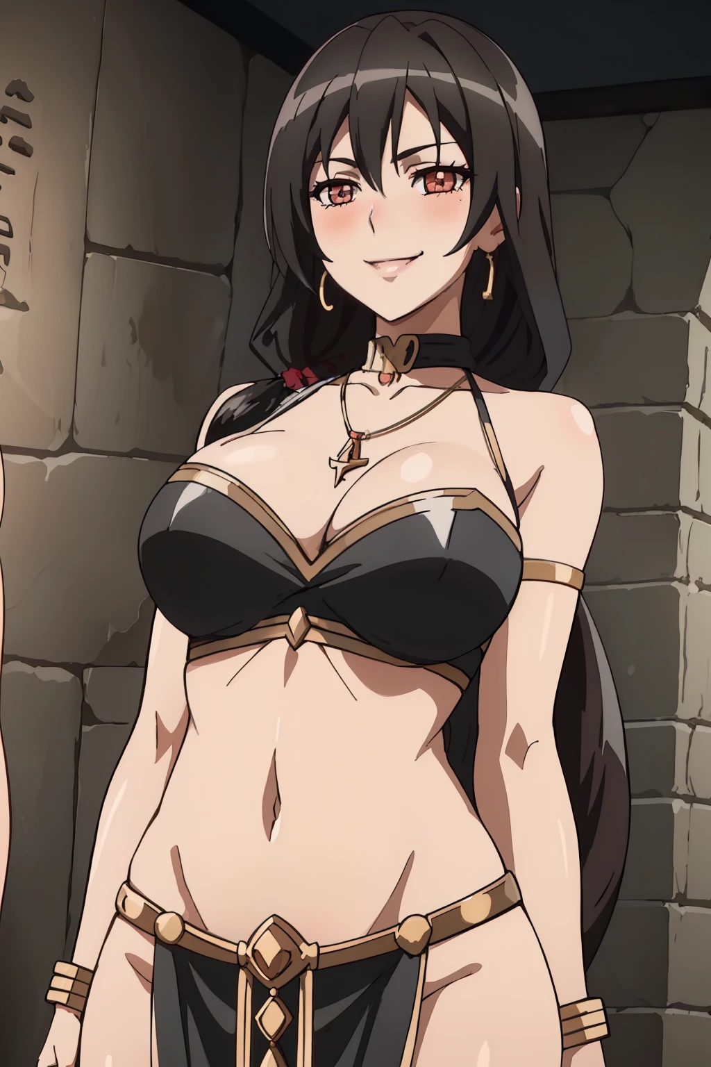  evil smile, smile, blush, lipstick,
Black_hair, Brown_eyes,Long_hair,single braid, 
masterpiece, best quality, highly detailed ,glint,halterneck,gold_choker, complex detailed background,
inside, stone wall, ancient interior, ancient egyptian room, hieroglyphs, dark lighting, dark
atmosphere, (cowboy shot), holding a sword, sword, belly_chain,harem_outfit,navel, necklace,
pelvic_curtain,revealing_clothes, veil，masterpiece,best quality,1girl,mature,evil smile, smile,
female,mature,necklace,pendant, exposed belly, exposed navel, exposed
midriff, exposed lower belly