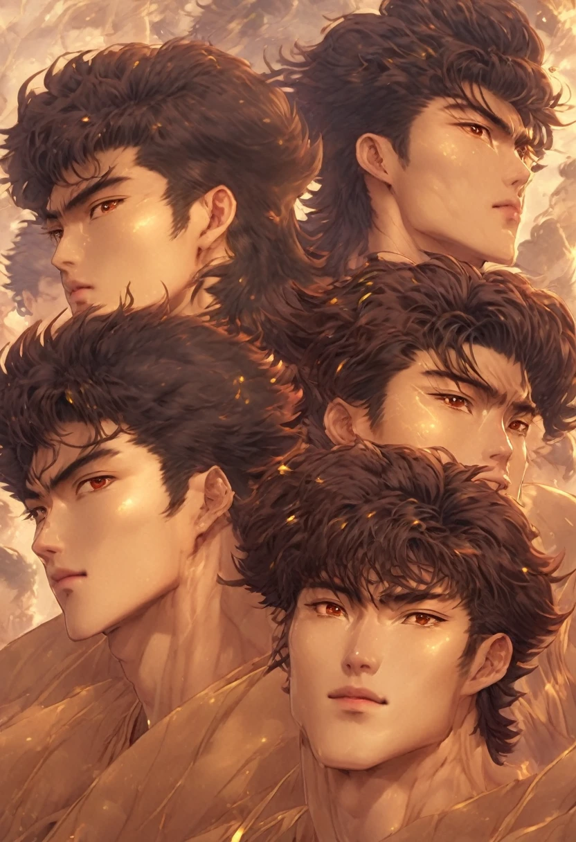 cinematic very 4k HD hIGH res depict a small group of korean guys witj a range of these looks tall lean very buffed korean guy with dark or medium naturally wavy red brown hair kinda angular angles sculpted look and face very light hazel or amberlike or even goldden honey colored eyes yellowish olive complexioned show guy with a variance of this type of looks