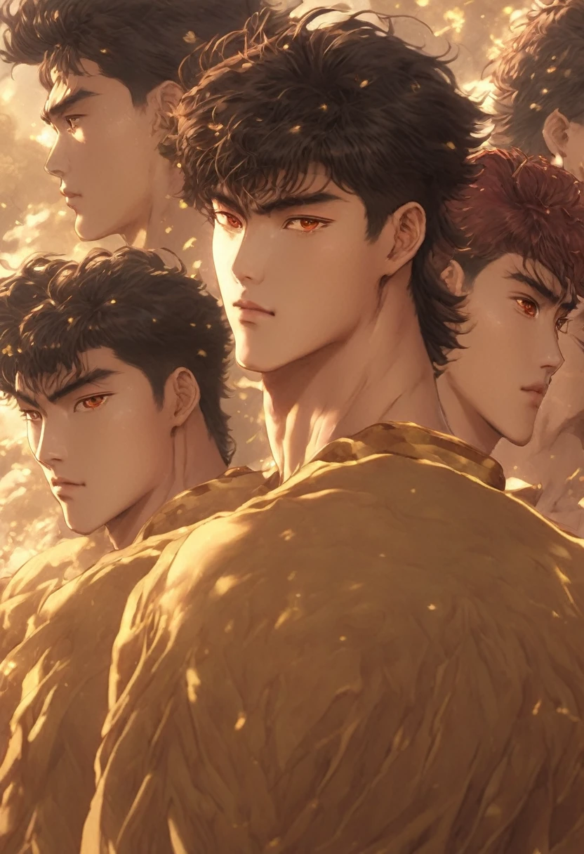 cinematic very 4k HD hIGH res depict a small group of korean guys witj a range of these looks tall lean very buffed korean guy with dark or medium naturally wavy red brown hair kinda angular angles sculpted look and face very light hazel or amberlike or even goldden honey colored eyes yellowish olive complexioned show guy with a variance of this type of looks