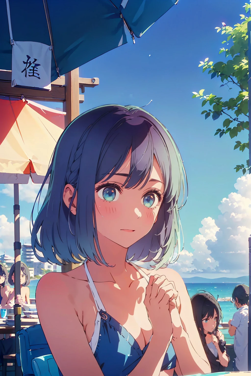 (Highest quality:1.4、8K:1.4、detailed)、F cup bust、Big Breasts、Slim body、Very white beautiful skin、((((1 person、Surprised expression、sit、Chair、In the background are the urban buildings of Tokyo、looking at the camera、Outdoor café terrace、coastal、Navy hair color、juice、Shooting up close、table、Very cute face))))、((((nude、Areola、Bikini cloth is small))))、(Pose with hair tucked behind ears with both hands:1.4)、Very blue sky、A completely cloudless sky