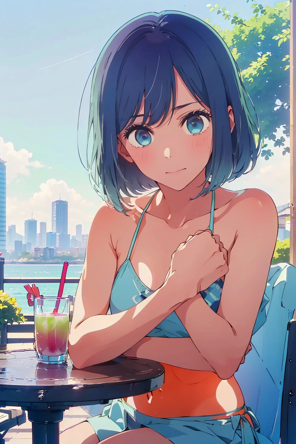 (Highest quality:1.4、8K:1.4、detailed)、F cup bust、Big Breasts、Slim body、Very white beautiful skin、((((1 person、Surprised expression、sit、Chair、In the background are the urban buildings of Tokyo、looking at the camera、Outdoor café terrace、coastal、Navy hair color、juice、Shooting up close、table、Very cute face))))、((((nude、Areola、Bikini cloth is small))))、(Pose with hair tucked behind ears with both hands:1.4)、Very blue sky、A completely cloudless sky