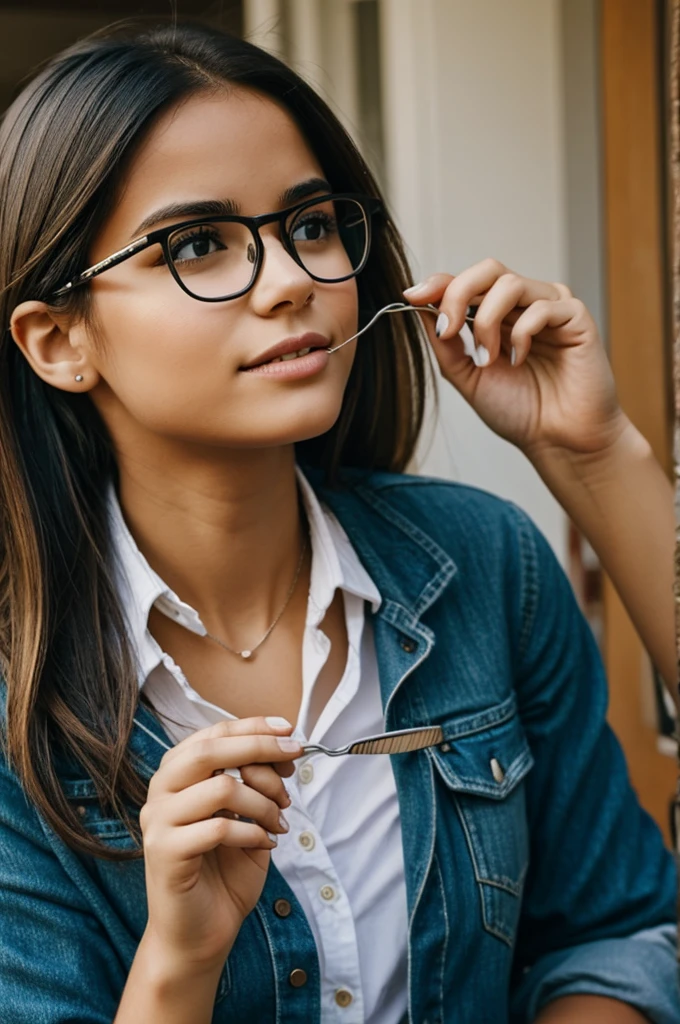 Girl with glasses eating estote