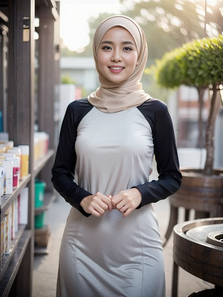 36 years Old, Hijab Indonesian mature woman, (hardware store), Slim body, tight long sleeve dress, Breast about To burst out, blur background, bokeh, smiling, elegant, detailed skin, 