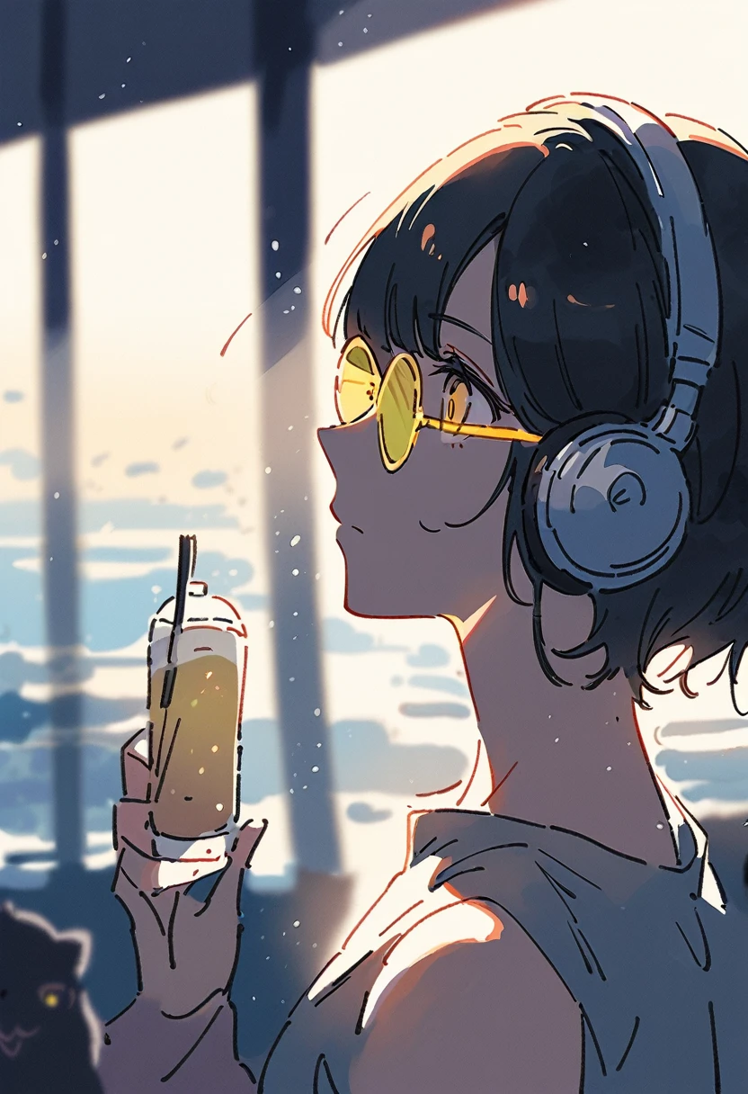 (blurry background:1.3), (extremely detailed fine touch:1.3), (hard light, studio light, light rays, dappled light, reflection, shadows, ray tracing:1.0), watercolor, (rough sketch:1.3), (2D:1.3), ///, kawaii girl, short black hair, (((yellow glasses:1.3))), underrim, (headphones:1.2), black cat, looking out at the sea, drink in a plastic bottle, sea sparkling in the setting sun, back view