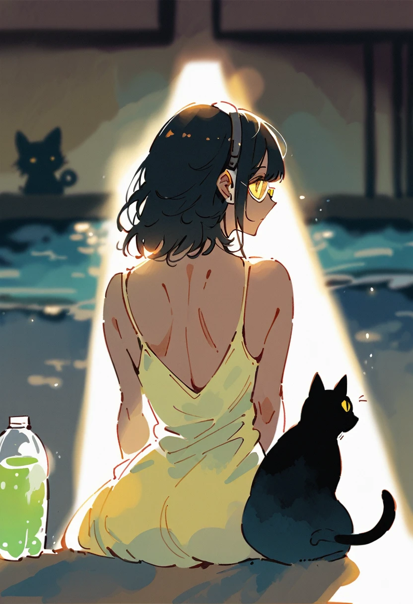 (blurry background:1.3), (extremely detailed fine touch:1.3), (hard light, studio light, light rays, dappled light, reflection, shadows, ray tracing:1.0), watercolor, (rough sketch:1.3), (2D:1.3), ///, kawaii girl, short black hair, (((yellow glasses:1.3))), underrim, (headphones:1.2), black cat, looking out at the sea, drink in a plastic bottle, sea sparkling in the setting sun, back view