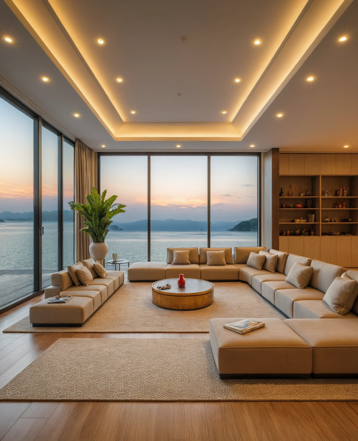 Raw photo,Masterpiece, high quality, best quality, authentic, super detail, interior, indoors, ((living room style modern luxury)), sunset, day light, sofa, table tea, carpet, cabinets, wood floor , chandeliers, windows view sea halong bay , curtains, downlight, (flower vase), decorative cabinets, wine bottles, ornaments, books,