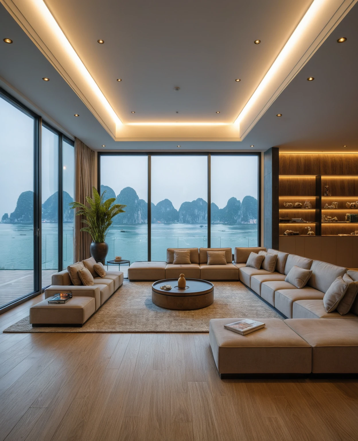 Raw photo,Masterpiece, high quality, best quality, authentic, super detail, interior, indoors, ((living room style modern luxury)), sunset, day light, sofa, table tea, carpet, cabinets, wood floor , chandeliers, windows view sea halong bay , curtains, downlight, (flower vase), decorative cabinets, wine bottles, ornaments, books,