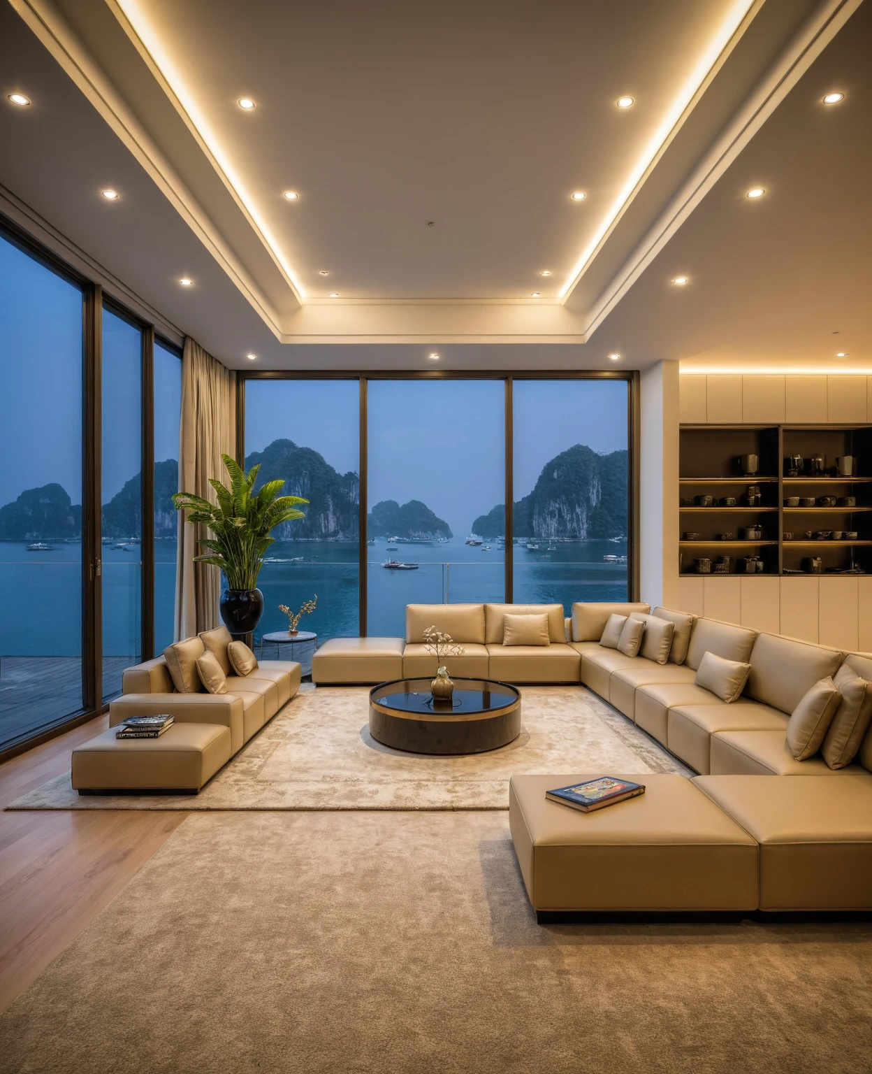 Raw photo,Masterpiece, high quality, best quality, authentic, super detail, interior, indoors, ((living room style modern luxury)), sunset, day light, sofa, table tea, carpet, cabinets, wood floor , chandeliers, windows view sea halong bay , curtains, downlight, (flower vase), decorative cabinets, wine bottles, ornaments, books,