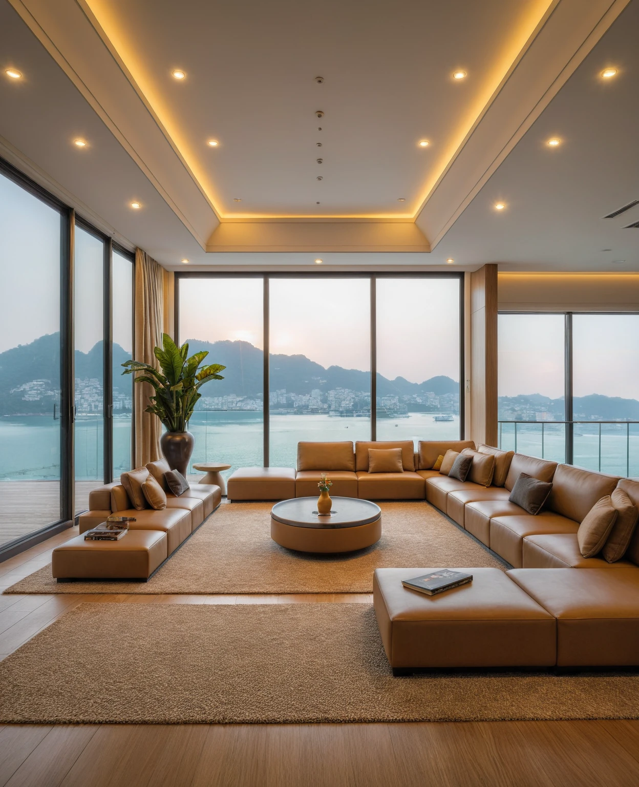 Raw photo,Masterpiece, high quality, best quality, authentic, super detail, interior, indoors, ((living room style modern luxury)), sunset, day light, sofa, table tea, carpet, cabinets, wood floor , chandeliers, windows view sea halong bay , curtains, downlight, (flower vase), decorative cabinets, wine bottles, ornaments, books,