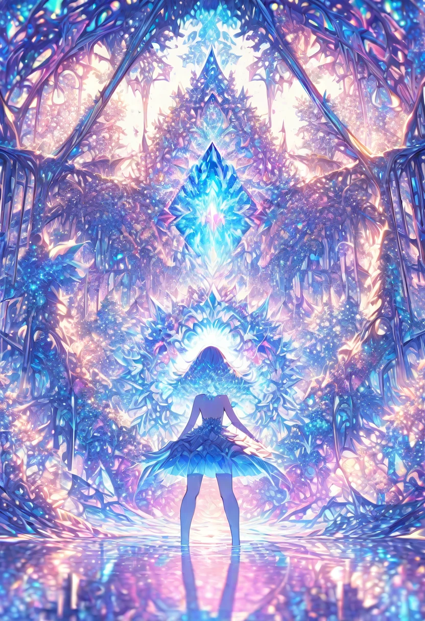 ((masterpiece)), (anime:1.3), ((Highest quality)), (Abstract art:1.5), (High resolution), (pale colour), Wide Shot, (Fractal structure:1.5), , landscape, (beautiful), (Biological atmosphere), deep sea, (pretty girl),  beautiful白い髪,  transparent　Glass　ice　mirror　Blue rose　water晶 透き通っている　water　prism