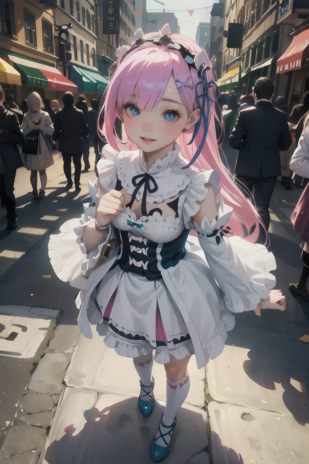 beautiful detailed eyes, beautiful detailed lips, extremely detailed eyes and face, long eyelashes, 1girl, chibi, kawaii, cute, , photo-realistic, hyperrealistic, street fashion, cosplay, rem from re:zero, full body, smiling, fantasy, fantasy art, digital painting, cinematic lighting, dramatic lighting, vibrant colors, highly detailed, sharp focus, volumetric lighting, photorealistic, 8k, best quality, masterpiece