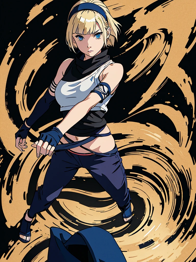 young girl, Blonde, blue eyes, bangs, short shoulder length hair, makeup, big breasts, small waist, flat stomach, Wide hips, big thighs, ninja, loose black pants below the waist, foot bandages, white cropped t-shirt, short sleeves, gloves, ninja style, konoha bandana on the waist, Leaf Village, stop looking at the village, perfect lighting, detailed shadows, high quality, HD, 4k, Masterpiece