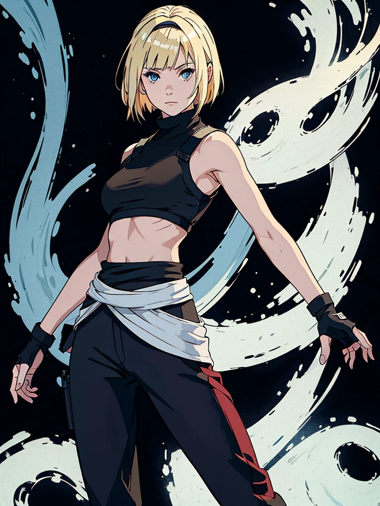 young girl, Blonde, blue eyes, bangs, short shoulder length hair, makeup, big breasts, small waist, flat stomach, Wide hips, big thighs, ninja, loose black pants below the waist, foot bandages, white cropped t-shirt, short sleeves, gloves, ninja style, konoha bandana on the waist, Leaf Village, stop looking at the village, perfect lighting, detailed shadows, high quality, HD, 4k, Masterpiece