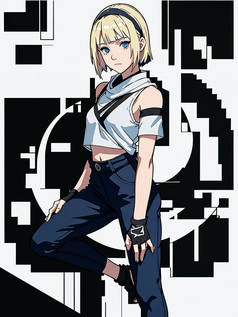 young girl, Blonde, blue eyes, bangs, short shoulder length hair, makeup, big breasts, small waist, flat stomach, Wide hips, big thighs, ninja, loose black pants below the waist, foot bandages, white cropped t-shirt, short sleeves, gloves, ninja style, konoha bandana on the waist, Leaf Village, stop looking at the village, perfect lighting, detailed shadows, high quality, HD, 4k, Masterpiece