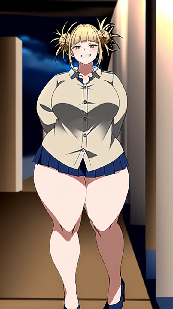 Himiko_toga, (masterpiece, highest quality,perfect lighting), 1 girl, alone, grin, portrait, , thick thighs, round chest, high heels, Buttons fly off the shirt, Are standing, put your hands behind your back