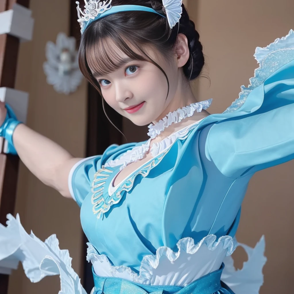 Highest quality,masterpiece,Very detailed, 8K,Beautiful Japanese Women:1.5, Small face, Crucifixion, (Detailed glamorous light blue magical girl heroine with frilly outfit:1.5), Ecstatic expression、 ((クロスにCrucifixionにされた女性:1.5, Breast Augmentation Surgery)), Very detailedな臭い脇の下