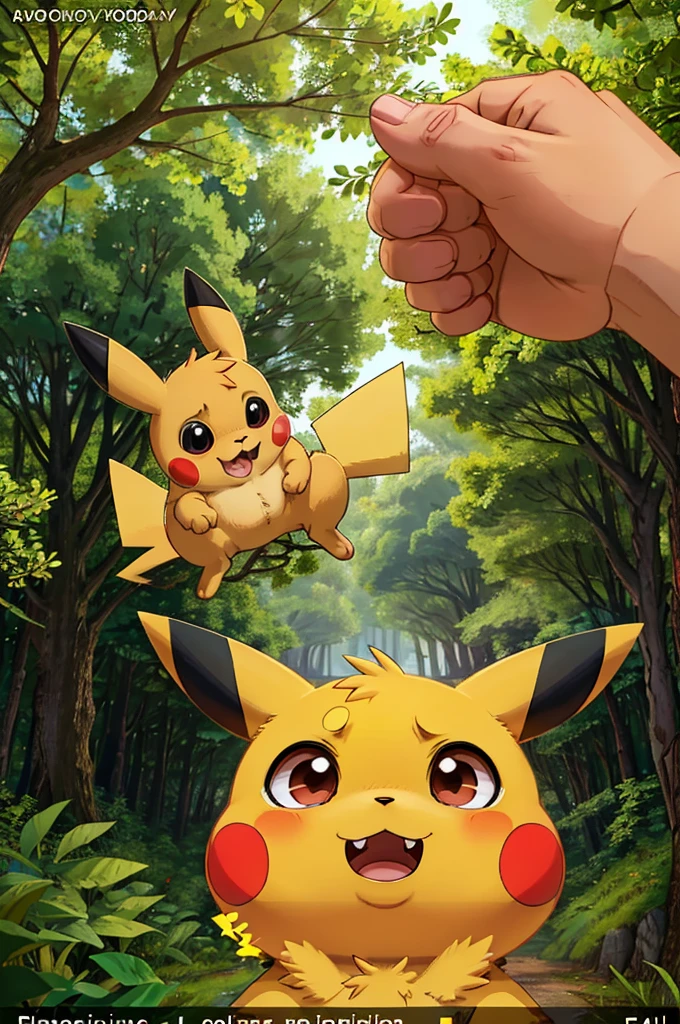 Pikachu with wide eyes and a shaped mouth "O", showing an expression of extreme surprise. The background is a dense green forest, with details of leaves and trees. Top text: "When you realize". Bottom text: "It's already Friday". Pikachu&#39;s vivid colors and detailed expression highlight the surprise, making the image impressive. nft