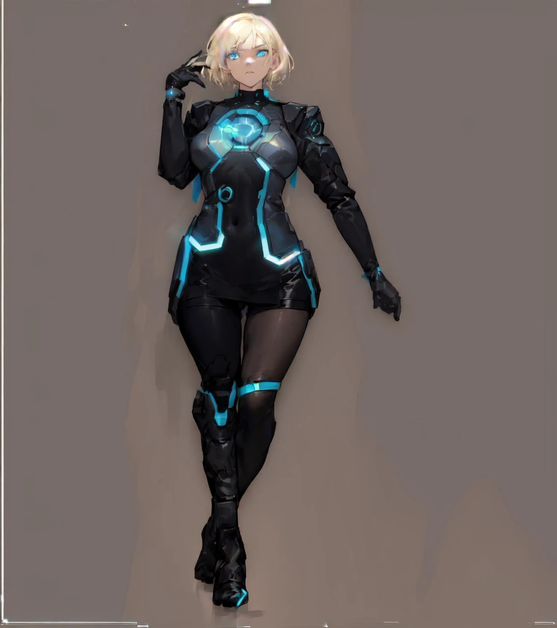 A young woman with short blonde hair and light blue eyes, dressed in a tight black futuristic suit. The suit has luminous details in neon blue, que recorren desde el long neck hasta las piernas, forming lines and patterns. In the center of the chest, there is a luminous circular design, as a device or energy source.
The suit has long sleeves and has black gloves. La joven también lleva black high boots with luminous details en azul. One of his legs has a bright blue band just above the knee.
The young woman's expression is serious and determined., con la Head slightly tilted hacia un lado. La imagen tiene una estética de Science fiction y high technology.
### Additional details for the generator:
- **Hair**: short blonde.
- **Eyes**: light blues.
- **It lasts**: Tight black with neon blue luminous details, long neck, long sleeves.
- **accessories**: black gloves, black high boots with luminous details, bright blue band on one leg.
- **expression**: serious and determined, Head slightly tilted.
- **Style**: futurist, Science fiction, high technology.