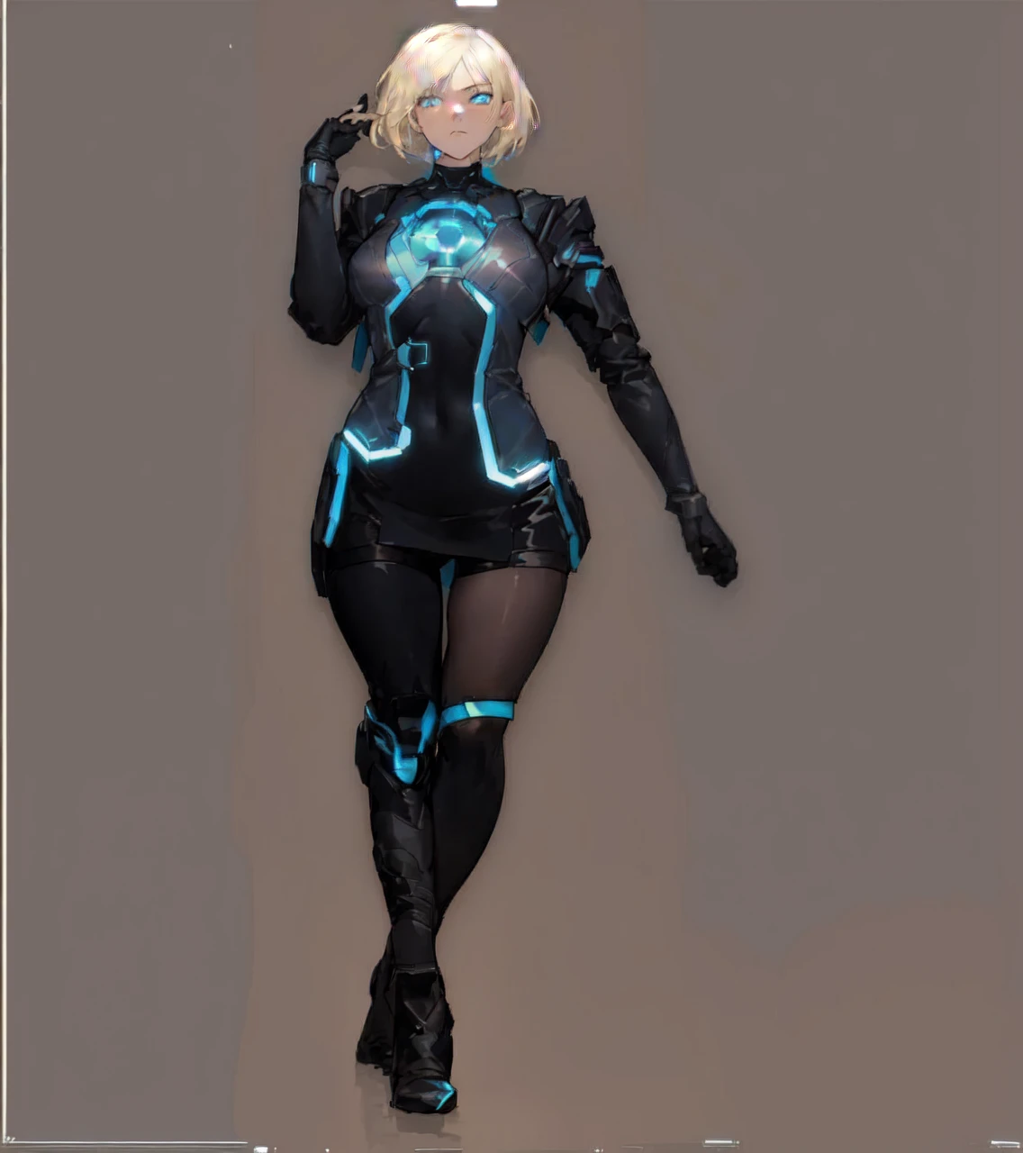 A young woman with short blonde hair and light blue eyes, dressed in a tight black futuristic suit. The suit has luminous details in neon blue, que recorren desde el long neck hasta las piernas, forming lines and patterns. In the center of the chest, there is a luminous circular design, as a device or energy source.

The suit has long sleeves and has black gloves. La joven también lleva black high boots with luminous details en azul. One of his legs has a bright blue band just above the knee. 

The young woman&#39;s expression is serious and determined., con la Head slightly tilted hacia un lado. La imagen tiene una estética de Science fiction y high technology.

### Additional details for the generator:
- **Hair**: short blonde.
- **Eyes**: light blues.
- **It lasts**: Tight black with neon blue luminous details, long neck, long sleeves.
- **accessories**: black gloves, black high boots with luminous details, bright blue band on one leg.
- **expression**: serious and determined, Head slightly tilted.
- **Style**: futurist, Science fiction, high technology.