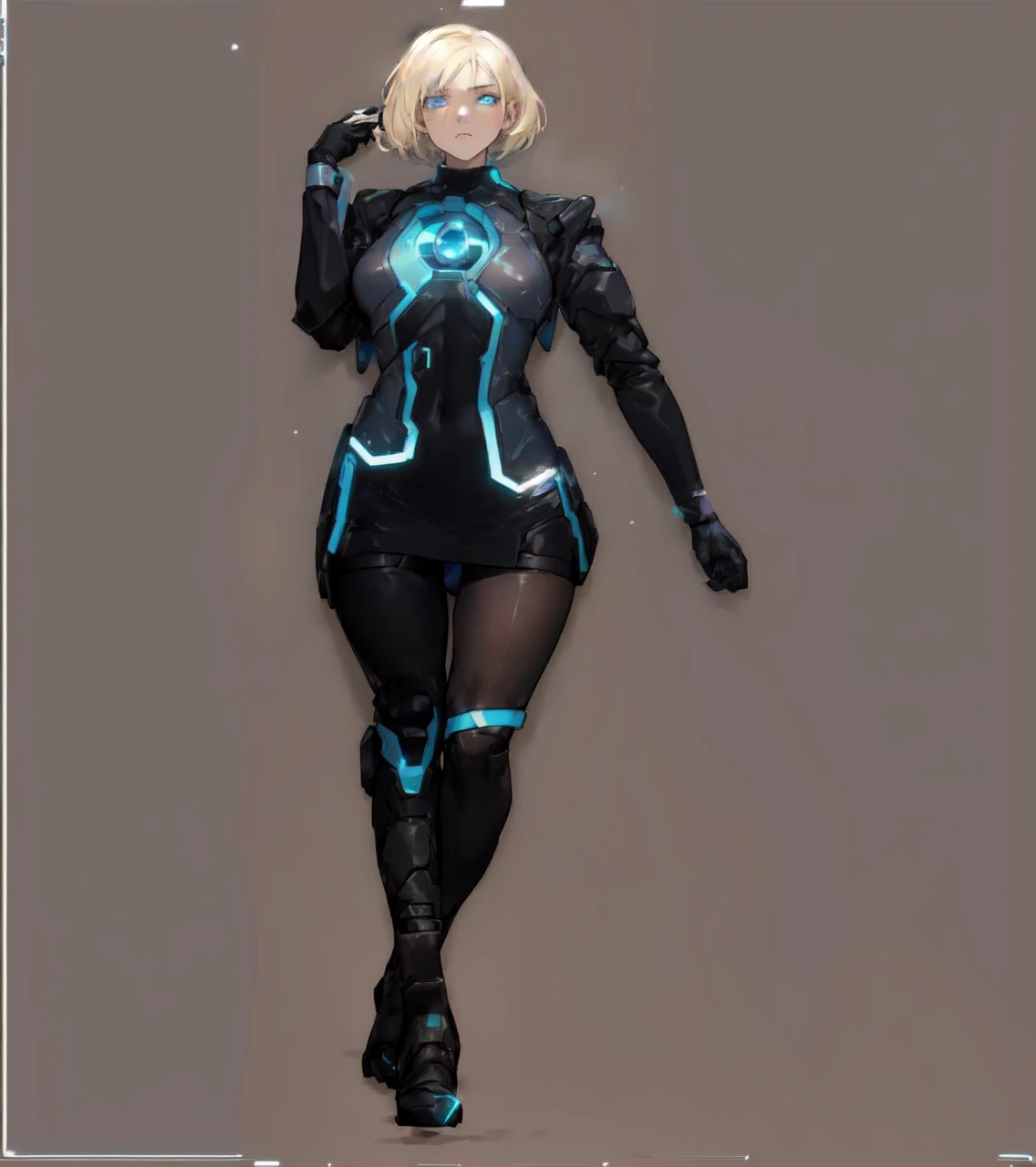 A young woman with short blonde hair and light blue eyes, dressed in a tight black futuristic suit. The suit has luminous details in neon blue, que recorren desde el long neck hasta las piernas, forming lines and patterns. In the center of the chest, there is a luminous circular design, as a device or energy source.
The suit has long sleeves and has black gloves. La joven también lleva black high boots with luminous details en azul. One of his legs has a bright blue band just above the knee.
The young woman's expression is serious and determined., con la Head slightly tilted hacia un lado. La imagen tiene una estética de Science fiction y high technology.
### Additional details for the generator:
- **Hair**: short blonde.
- **Eyes**: light blues.
- **It lasts**: Tight black with neon blue luminous details, long neck, long sleeves.
- **accessories**: black gloves, black high boots with luminous details, bright blue band on one leg.
- **expression**: serious and determined, Head slightly tilted.
- **Style**: futurist, Science fiction, high technology.