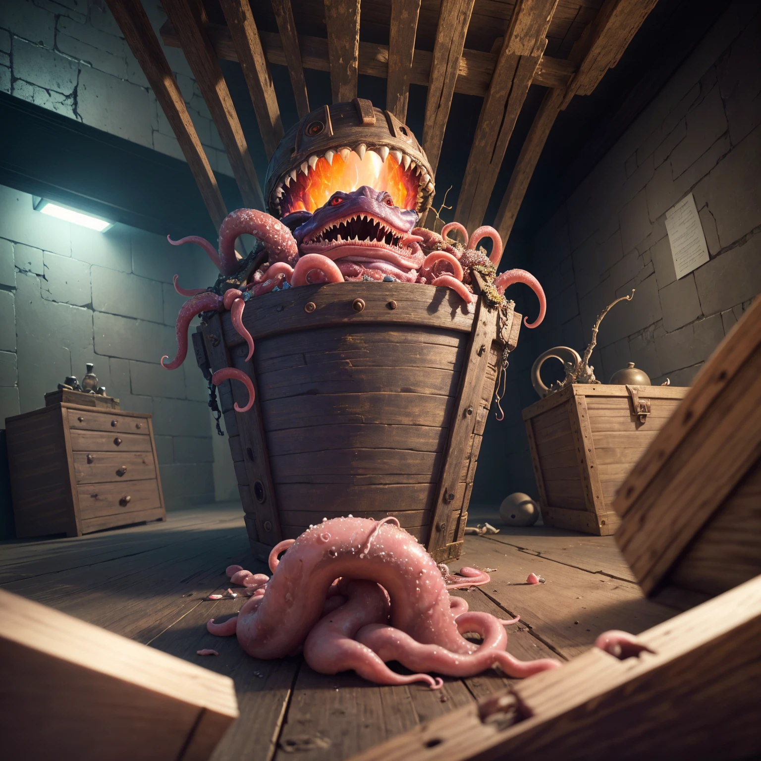 photo and gross, mimic, wooden chest, fleshy interior, long tongue, meat, saliva, TentacleHorrorAI, (extended tentacles), Sharp teeth, dungeon background, 8k hd, DSLR, cinematic lighting, high quality, realistic photo,  (raw photo, Best Quality, Masterpiece, photorealistic, of the highest quality, Maximum image quality, high resolution, 8k, HD:1.2), vibrant,ethereal lighting,sharp focus,ultra detailed,((Extremely detailed 8k unified CG wallpaper)), surreal and dreamlike textures,magical and mysterious essence,unexplored and undiscovered wonders,sculptural and abstract elements,transcendent composition, visual effects, photorealistic, digital composition master class