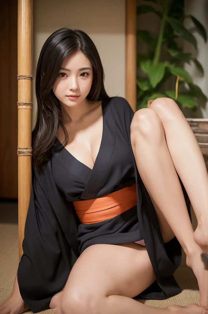 ((最high quality)), ((masterpiece)), (detailed), One girl, sexy, night, Raw photo, (((Very beautiful portrait))), (Very beautiful portrait))), sexyな20代の少女, ((Natural straight black hair)), [Black eyes],A gentle smile looking at the camera(Cleavage), ((masterpiece, 最high quality, 超detailed, Cinematic lighting, Exquisite detail, High resolution, 8K, 非常にdetailed)), detailed背景, 8K Ultra HD, Digital SLR, Soft lighting, high quality, Film Grain, Fujifilm XT3, Shallow depth of field, Natural light, Perfect Face, On the futon, ((kimono)), (はだけたkimono), No underwear, Spread your legs, The legs are visible, (Beautiful legs), Insert a stick into the hole between your legs, ((Insert a stick into the hole between your legs)), Two sticks