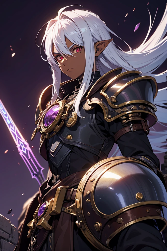 ((best quality)), ((masterpiece)), (detailed), ((boy)), ((mix between dungeonpunk and steampunk armor)), (serious), fantasy illustration, dark skinned, human, upper body, portrait, red eyes, long white hair, (wearing armor), Xemnas from Kingdom Hearts, half-drow, pointy ears, serious face, dramatic lighting, purple hue, art by Kinema Citrus and Tetsuya Nomura