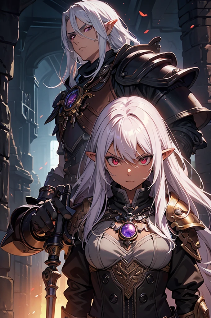 ((best quality)), ((masterpiece)), (detailed), ((boy)), ((mix between dungeonpunk and steampunk armor)), (serious), fantasy illustration, dark skinned, human, upper body, portrait, red eyes, long white hair, (wearing armor), Xemnas from Kingdom Hearts, half-drow, pointy ears, serious face, dramatic lighting, purple hue, art by Kinema Citrus and Tetsuya Nomura