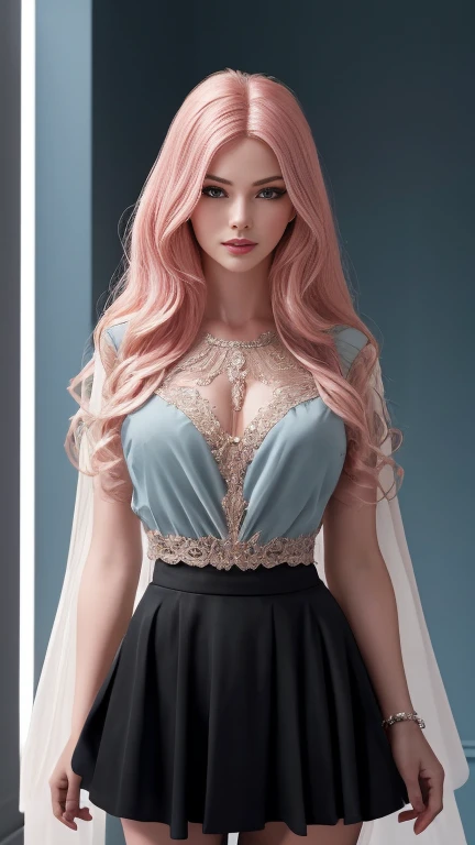 a woman with long elegant pink hair, extremely detailed and beautiful face, beautiful and detailed eyes, beautiful and detailed lips, long eyelashes, high resolution, intricate details, 8k, hyper detailed, chiaroscuro lighting, soft lighting, dramatic lighting, melancholic, serene, elegant, sensual, attractive, graceful, translucent black , sheer blouse, large breasts, standing in front of a light blue wall, lush environment, ambient lighting, photographic, high quality, masterpiece, dramatic, cinematic, beautiful