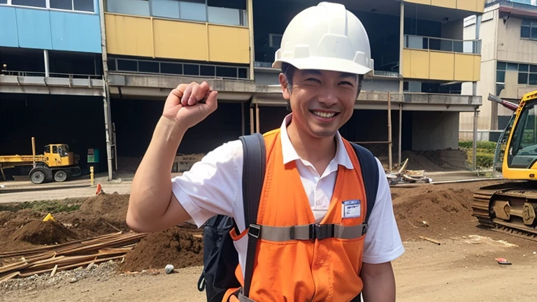 Smiling Japanese man wearing work clothes, helmet, working at a construction site. He looks happy, working. He is using heavy machinery. He is moving. He is using a full harness safety belt. Working on machinery,