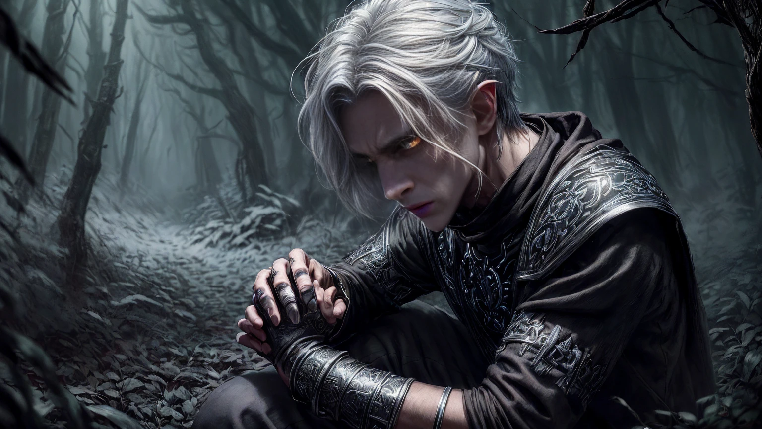 ((masterpiece, hyper realistic,32k,extremely detailed CG unity 8k, best quality, realistic face, solo, canon50, photorealistic, concept art, intricate details, highly detailed, octane render, unreal engine, fantastic-art))
((1 male elf)), ((solo))
landscape ((full shot:1)), ((full body:1.6))
The detailed background is the dark forest, blood moon clearly in the night sky, bats flying in the air in the background, Sally Mann, HDR, (masterpiece:1.3), at the steampunk world fair, Forests, analog, caves, (masterpiece:1.2), athletic face, sky, Vincent Callebaut, (low key), artstation, film grainy, representational, Depth of Field, (Antonio Moro), color, soft lighting, side view:1, by Greg Rutkowski, front view:1, ((dark forest:1.5)), ((blood moon:1.5))
Dark elf assasin sitting on a rock in the dark forest, ((musesing face:1)), ((1 man, 25 years old, close-up, perfect eyes, detailed eyes, high quality eyes, perfect_face, high quality face, grey skin:1.5, grey face:1.5, white eyes:1.5, glowing eyes:1.5)), (((medium pointy ears, silver hair, ((short hair)), perfect hands))), ((assasin, wearing extremely intricate assasin hood, wearing a light silver armor, armor with extremely delicate pattern, light silver armor, very light shoulder armor, gauntlet, gloves, boots, battle armor)) ((assasin)), looking at viewer, ((clenched fist:1)), ((dagger equiped:1)), ((mask))
extremely detailed eyes, demon eyes, expresfull eyes, eyes shadow (opened_eyes:1.2)
man muscle body, perfect arms, detailed fingers, ((tall:1.2))
((gothichorrorai forest:1)) (wearing DeathKnight amor:0.75)