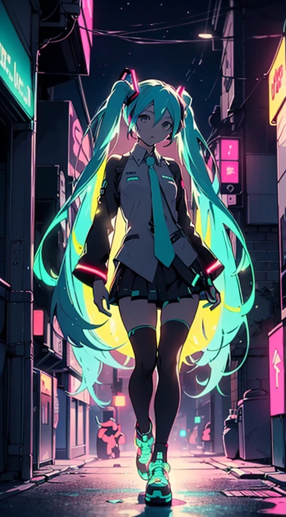 full body,(silhouette outline only,(neon the shape of hatsune miku silhouette)),body without color,(outline neon tube light illumination only),(shining brightly neon illumination:1.4),dancing,night sky background