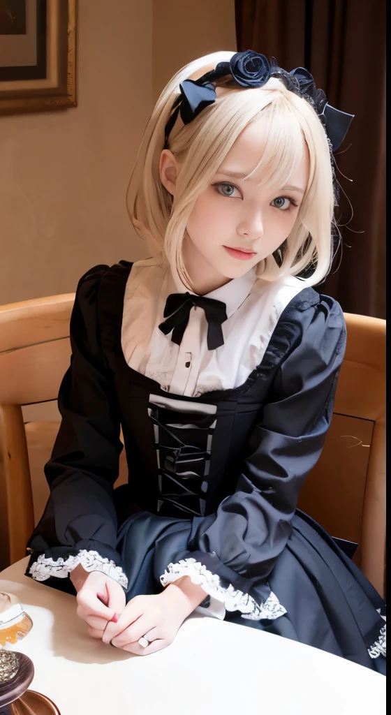 (Tabletop, Highest quality:1.2), 8K, 85mm, Official Art, RAW Photos, Absurd, Platinum Blonde Hair, (blue eyes, ta Fashion, Sweet LoliGothic, dress:1.2), Idol's face, Upper Body, beautiful girl, Gardeniass, Copenhagen, Short sleeve, grace, Sophisticated, Gardenia, View your viewers, Film Grain, chromatic aberration, Sharp focus, Face Light, Dynamic Lighting, Cinema Lighting, Detailed face, Bokeh Background