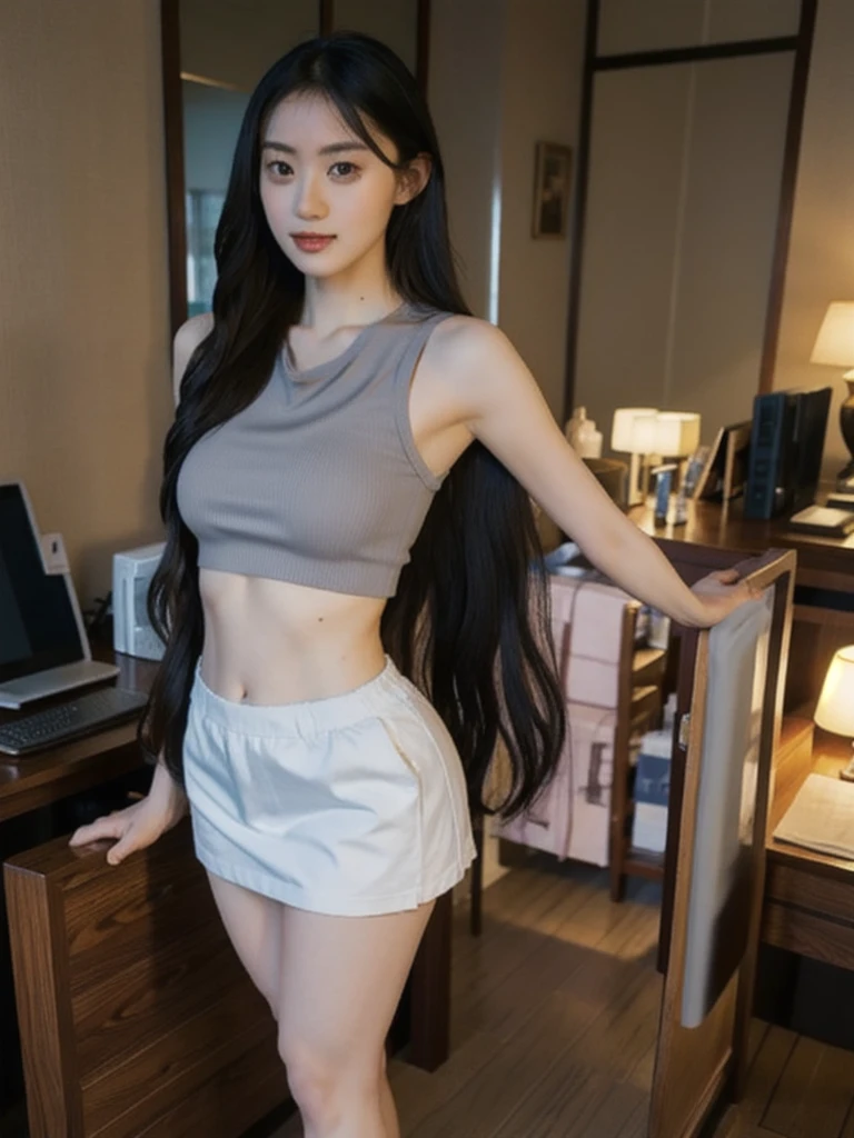 masterpiece, highest quality, realistic, 1 girl, An office lady wearing a tank top and super miniskirt, beautiful long hair, big ass, realistic美しいlegs, Clothes with a wide open chest, nipple protrusion, My whole body is sticky with body oil, M-shaped legs, trained body, abs, professional lighting, glowing skin, Full body photo up to the toes