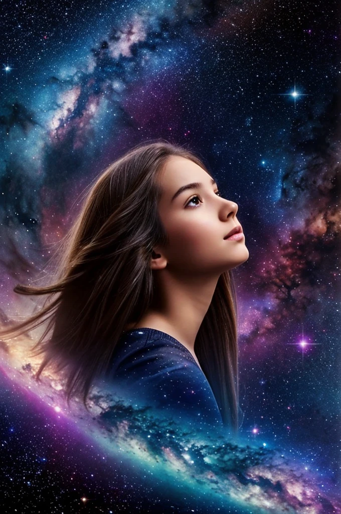 A girl with long hair ascending into the sky on a galaxy looking background, , floating in front of a nebula with her face facing up to search for something from above