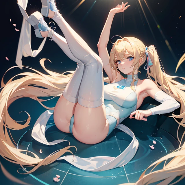 (masterpiece image, very detailed image, best high quality high definition image High very detailed Quality image, Very detailed high quality image),
1girl, absolute beauty, 28 years old, fair pale skin, light blue eyes, beauty features, long blonde golden hair tied in two pigtails with pink ribbons and blonde golden hair curly fringe near the nose, big breasts, round butt, beautiful legs, (light pale blue one piece leotard with a white stripe line in the belly and a grey spandex shorts under the leotard, grey knee pads, light pale blue wrestling boots, light pale blue arms sleeves, grey elbow pads), serious face athletic jump
Dirty gym and wrestling ring