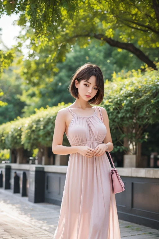 Highest quality、8K、Ultra-high resolution、masterpiece:1.2、Professional Lighting、Clear photos、pretty girl、Anatomically correct body、Big Breasts、Ultra slim、Delicate body:1.4、Narrow waist、Short Bob Hair、Brown Hair、She is wearing a tight pink maxi mini dress:1.8、Hang a black shoulder bag over your shoulders:1.6、hang a shoulder bag diagonally:1.8、A walk in the park
