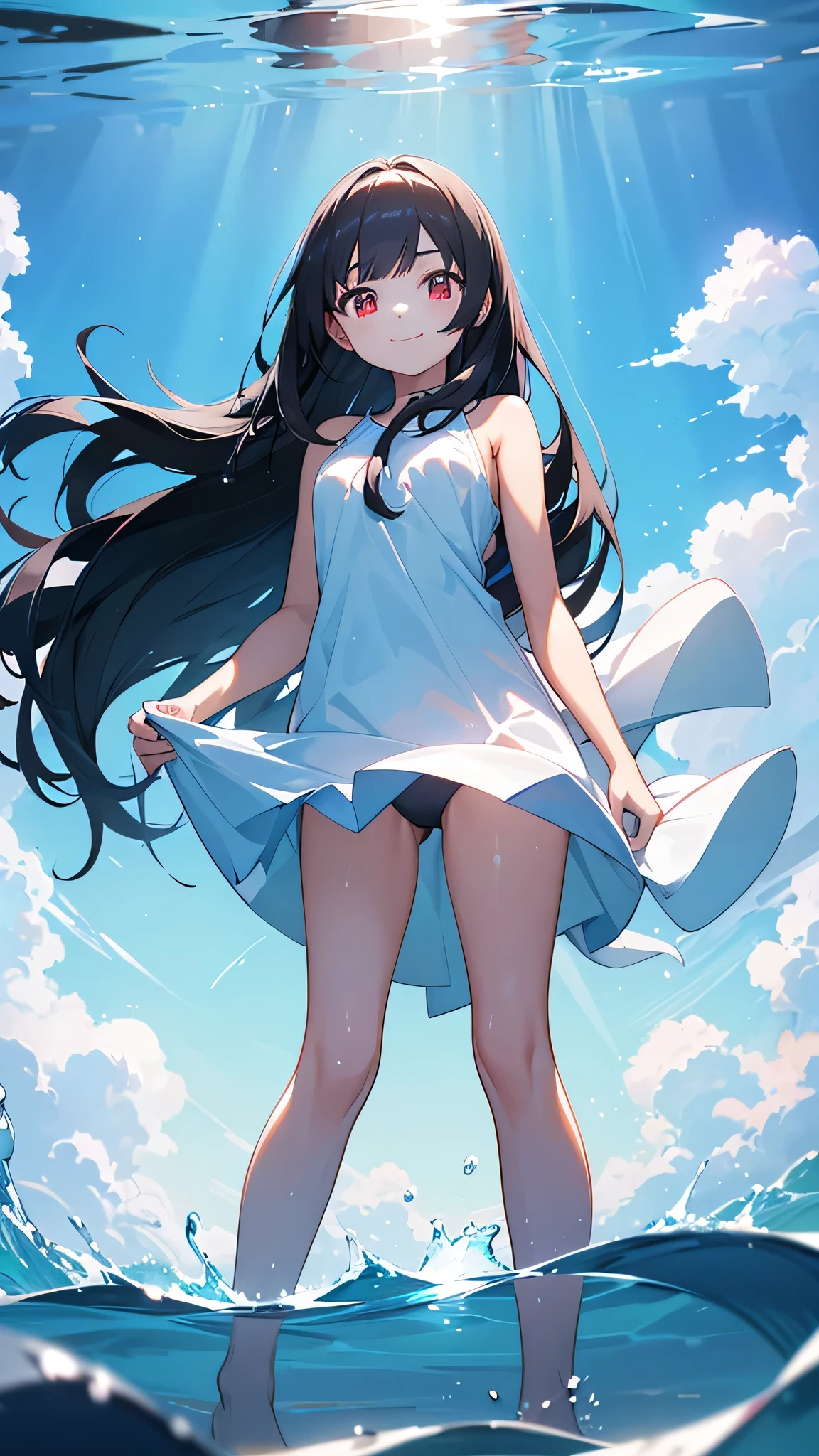 a beautiful young girl with long black hair and bright red eyes, wearing a swimsuit and standing with a bright smile, holding a white paper up towards the viewer, set against a backdrop of a blue ocean and sky with shimmering light reflections on the water