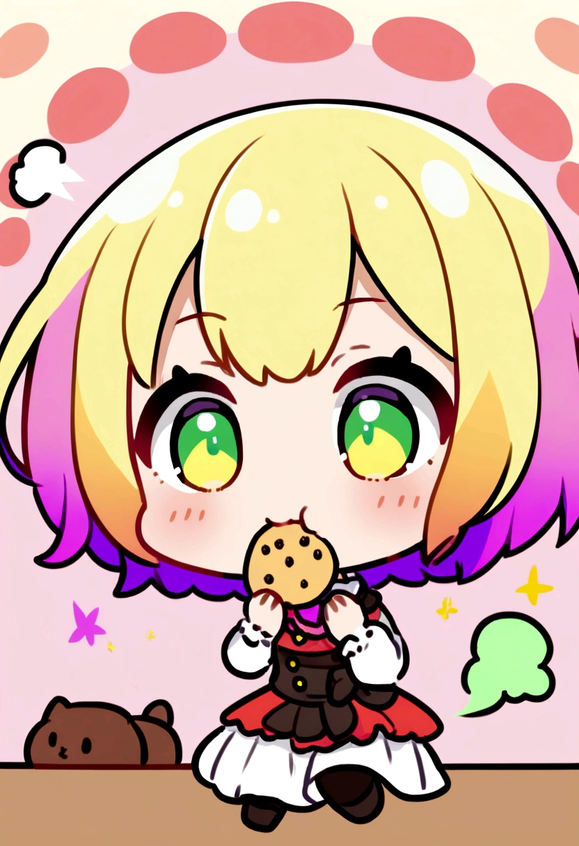 Chibi girl eating snack in caffe