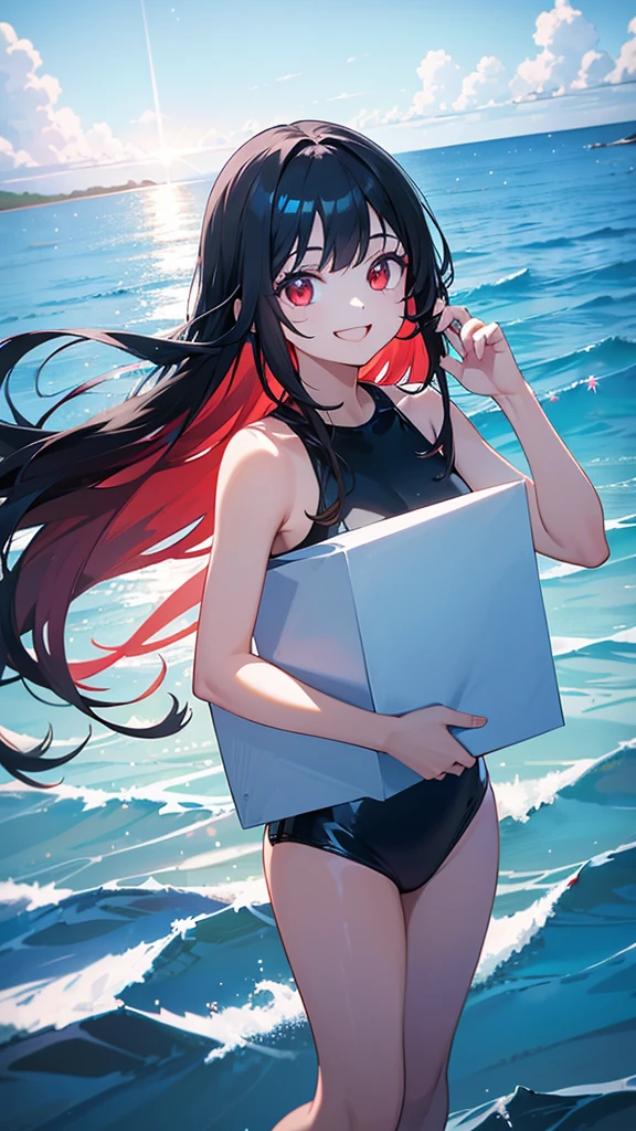 a beautiful young girl with long black hair and bright red eyes, wearing a swimsuit and standing with a bright smile, holding a white paper up towards the viewer, set against a backdrop of a blue ocean and sky with shimmering light reflections on the water