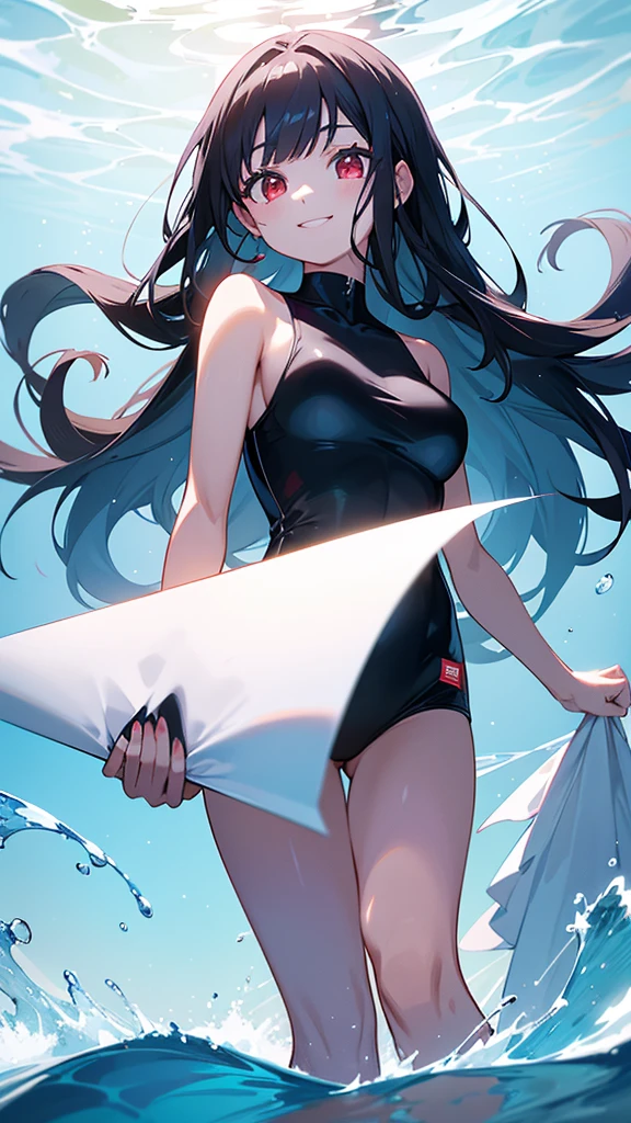a beautiful young girl with long black hair and bright red eyes, wearing a swimsuit and standing with a bright smile, holding a white paper up towards the viewer, set against a backdrop of a blue ocean and sky with shimmering light reflections on the water