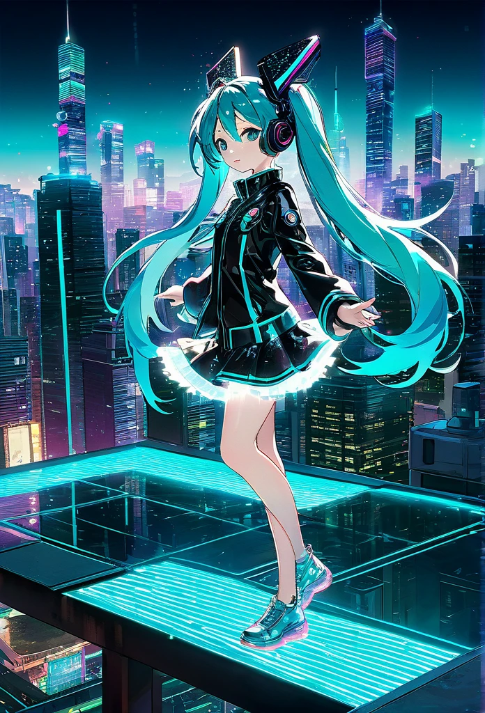 (People standing on rooftop: 1.3, at helipad on top of skyscraper), (transparent hologram woman, holographic projection on rooftop helipad: 1.3), (transparent Hatsune Miku:1.3, Hatsune Miku made of light particles:1.3), detailed face, (transparent cyberpunk-style Hatsune Miku in cyberpunk outfit: neon colours, metallic accents, high-tech gadgets), fantasy, (light particles emitted from her feet: 1.5), realistic, mystical:1.3, dancing groovily to music, dynamic, neon glow lighting, digital art:1.3, masterpiece Best quality, exquisite in detail, 8k, Composition from above